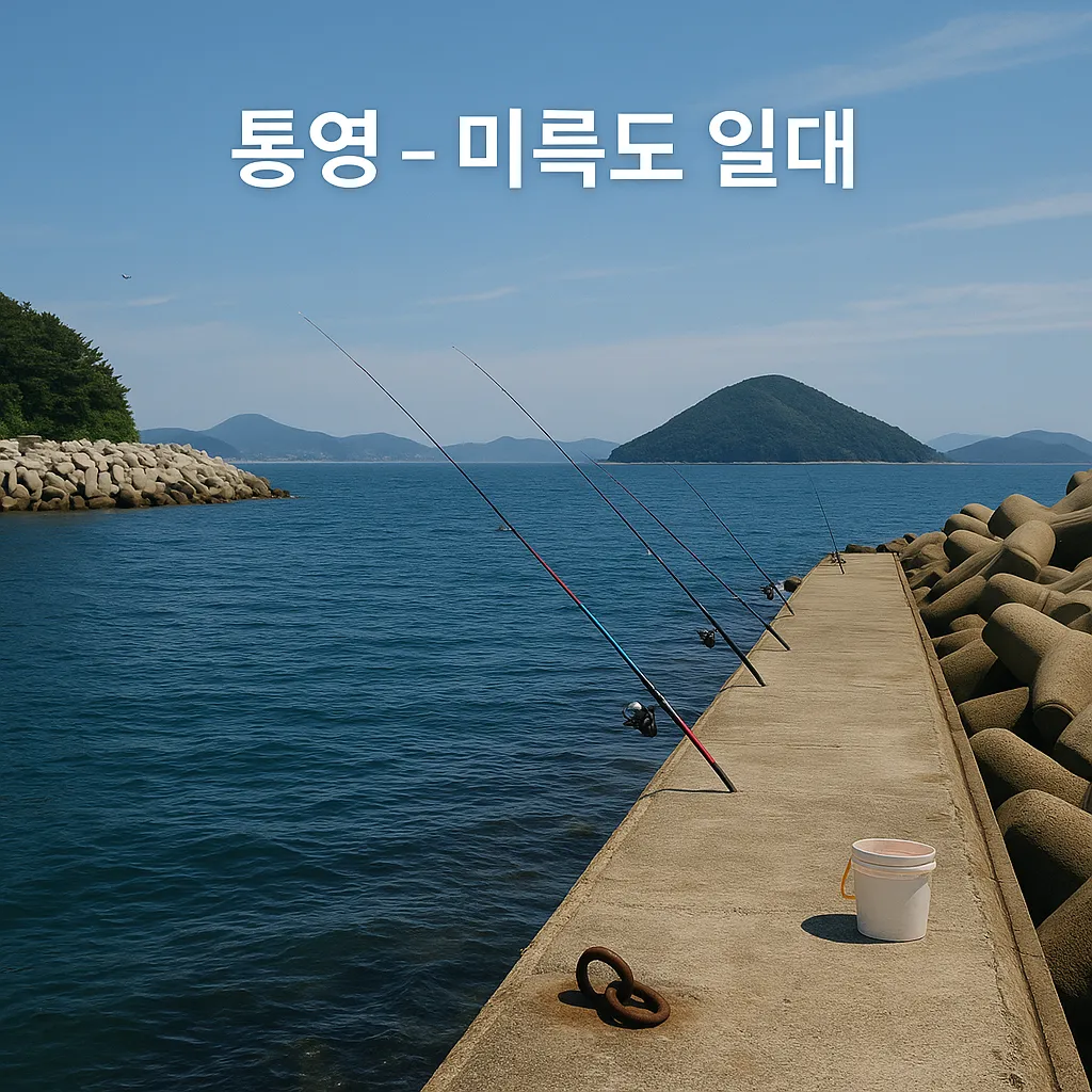 통영 미륵도 방파제에서 낚시대가 놓인 풍경