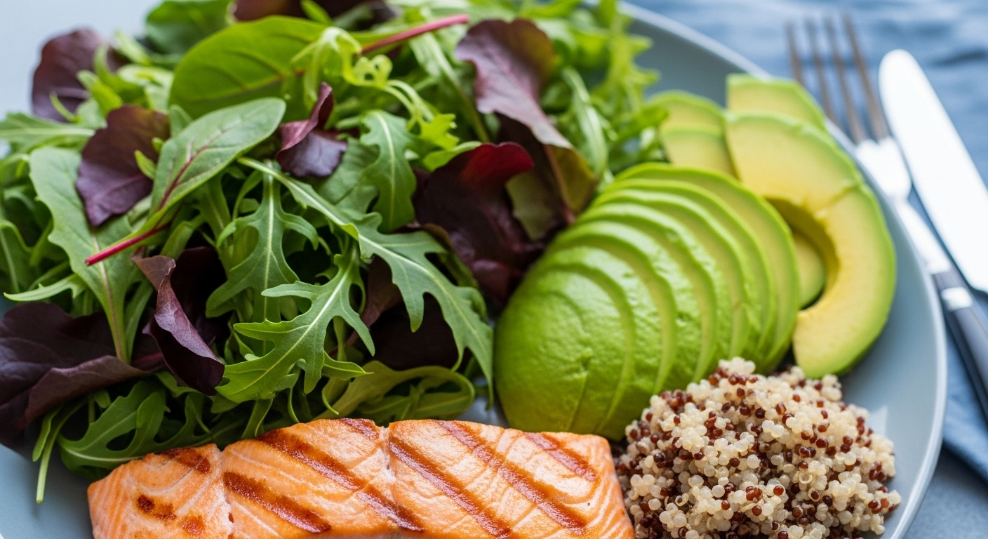 신선한 연어 스테이크, 아보카도 샐러드, 통곡물로 구성된 건강한 식단으로, 콜레스테롤 관리에 좋은 음식들을 보여줍니다.