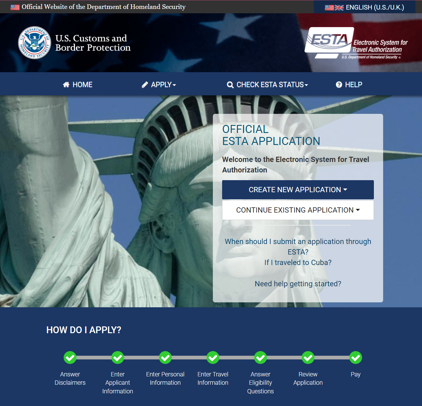 ESTA 오피셜 사이트 화면