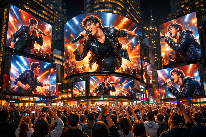 도시 전체로 확장되는 라이브 뷰잉 서비스와 실시간 공연 중계 시스템의 경제적 파급력 시각화.