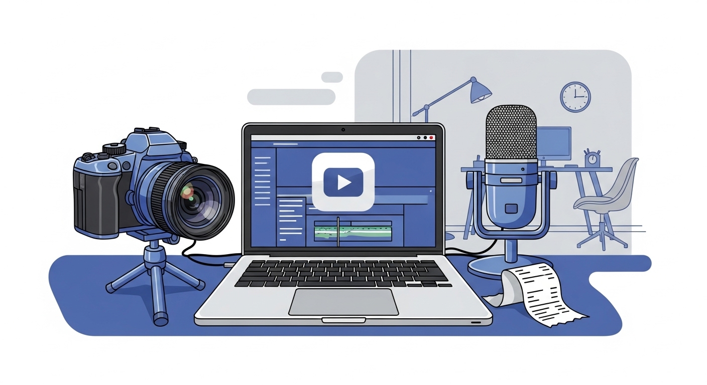 카메라, 마이크, 노트북 등 콘텐츠 제작에 필요한 장비와 영수증이 놓여 있어 경비 인정 범위를 시각적으로 보여주는 이미지입니다.