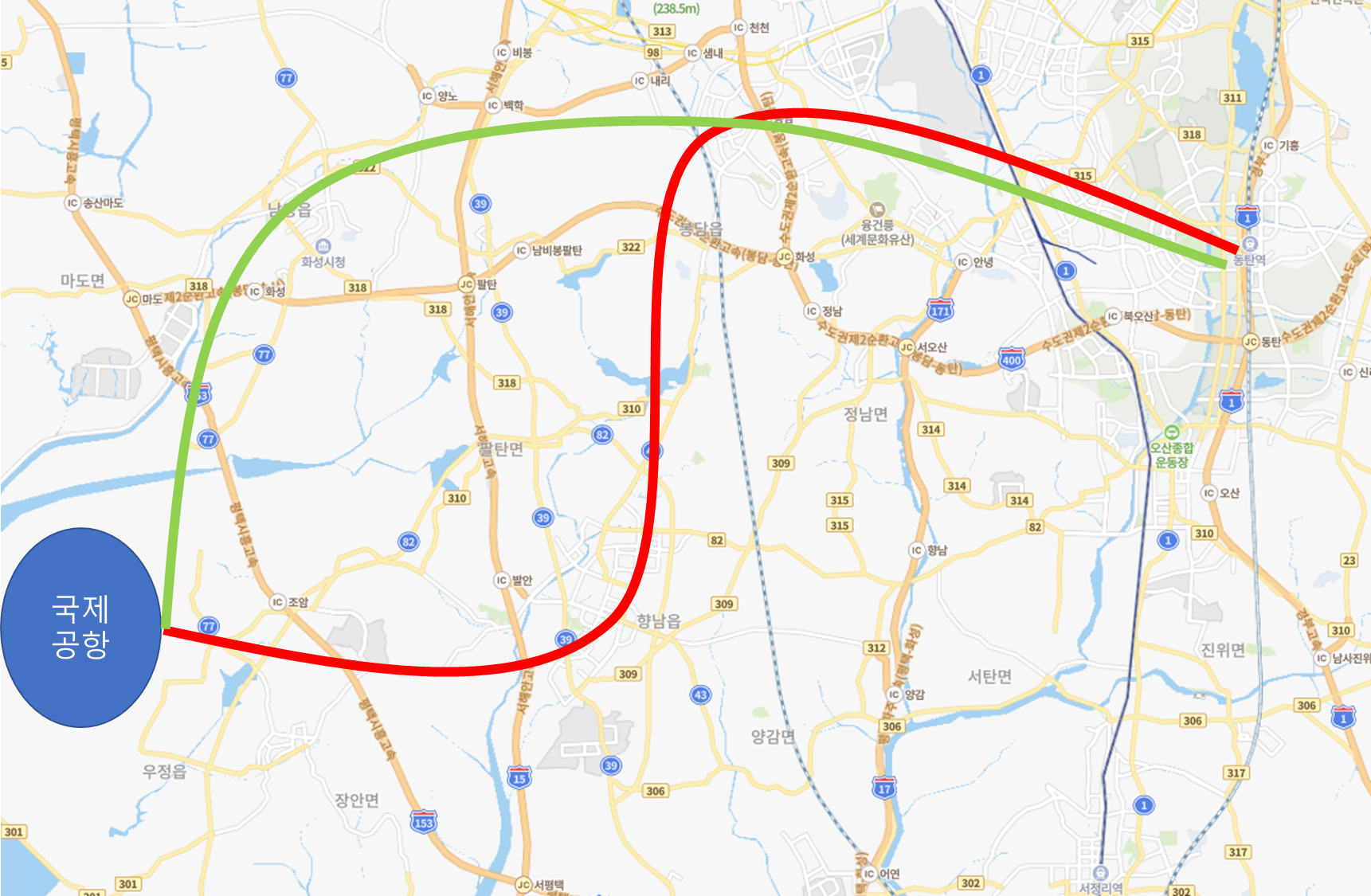 경기남부국제공항에서-동탄까지-가는-경로