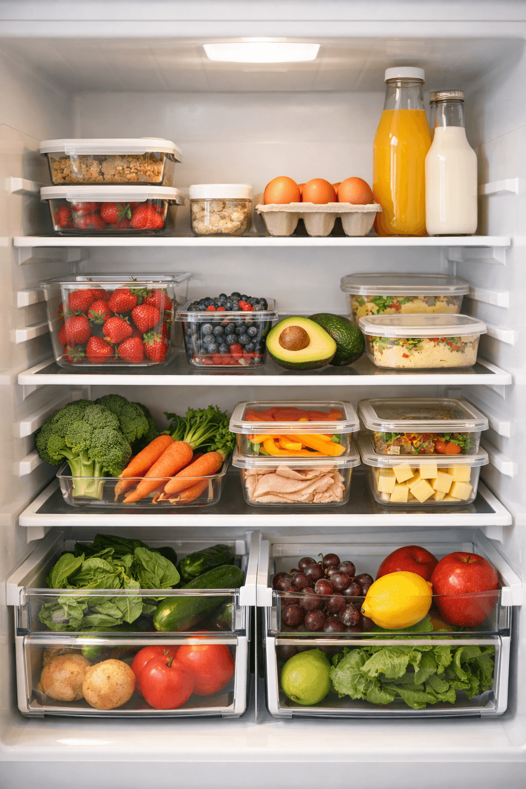 식재료가 정리된 깔끔한 냉장고 내부 모습