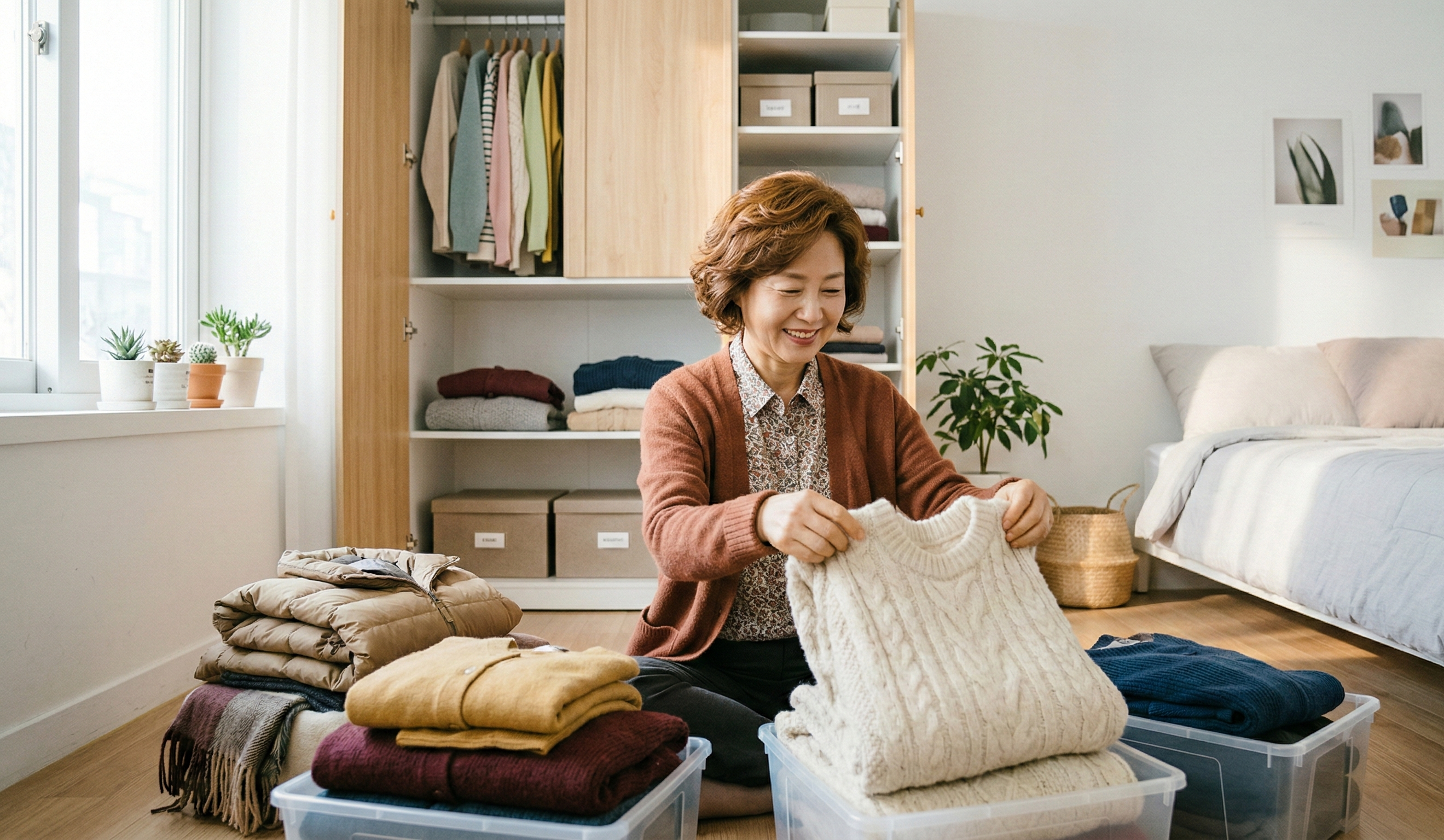 50대 중년 여성이 환하게 웃으며 겨울옷을 정리하고 수납하는 모습