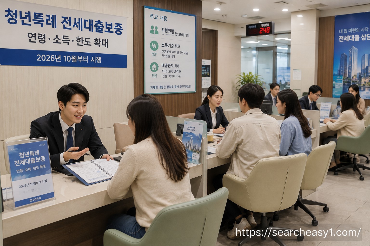청년특례 전세대출보증 확대를 앞두고 여러 청년과 신혼부부가 금융기관에서 연령·소득요건과 대출한도, 신청방법을 상담받는 전경