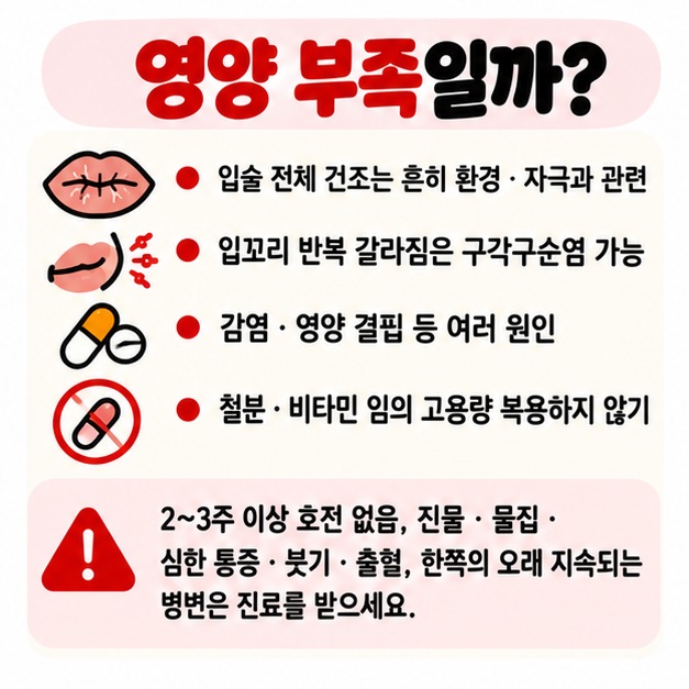 2주에서 3주 이상 낫지 않거나 입꼬리 갈라짐 진물 물집 심한 통증이 반복되면 구순염 등 다른 원인을 확인해야 한다는 카드