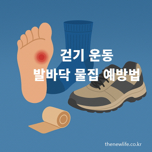 An illustration showing a blistered foot, a hiking sock, a walking shoe, and adhesive tape for walking exercise blister prevention – thenewlife.co.kr-걷기운동 발바닥 물집을 예방하기 위한 발바닥, 양말, 운동화, 반창고 일러스트