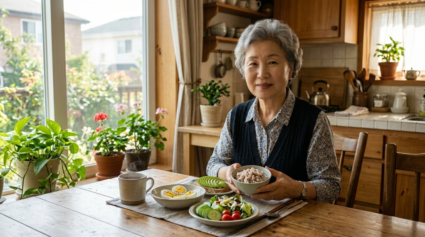 시니어 여성 건강한 아침 식사 혈당 관리 습관