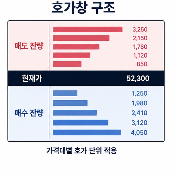 호가창 구조 도해, 위쪽 매도 잔량과 가운데 현재가, 아래쪽 매수 잔량으로 나뉜 그림