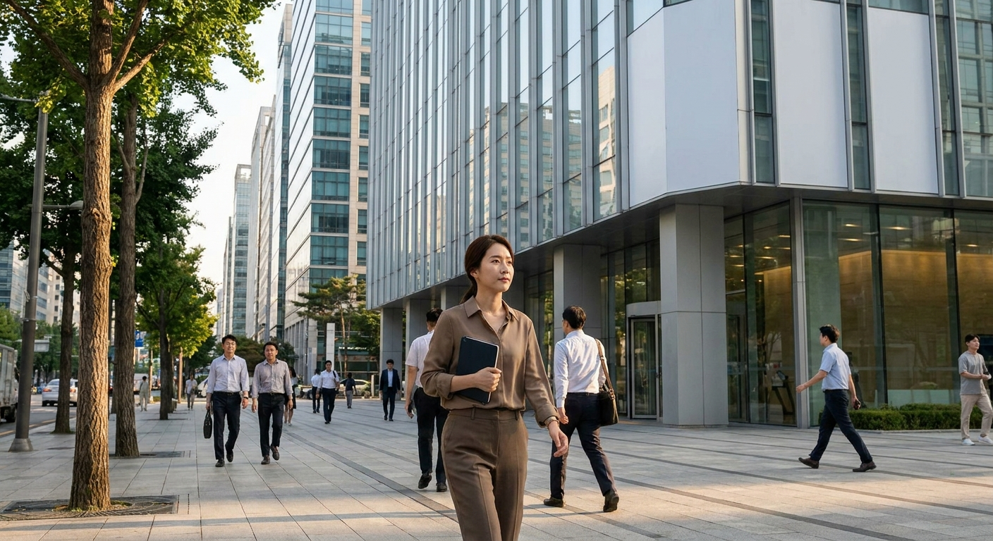 빌딩 사이를 걷는 직장인