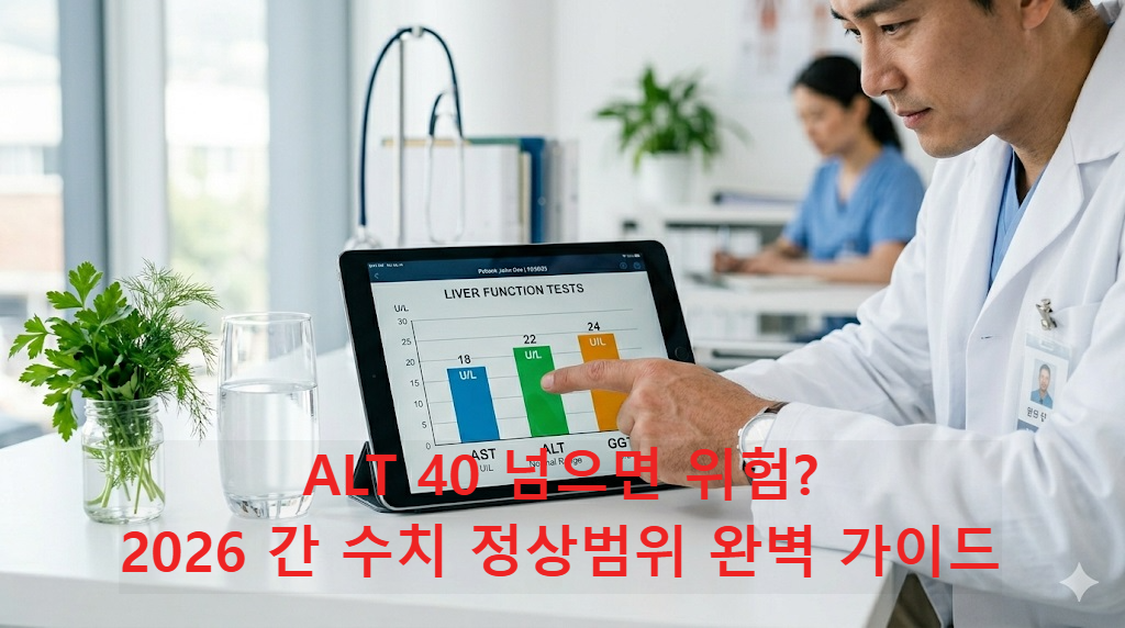 간 수치 정상범위(AST, ALT, GGT)를 설명하는 의료용 태블릿과 건강한 생활 습관 이미지
