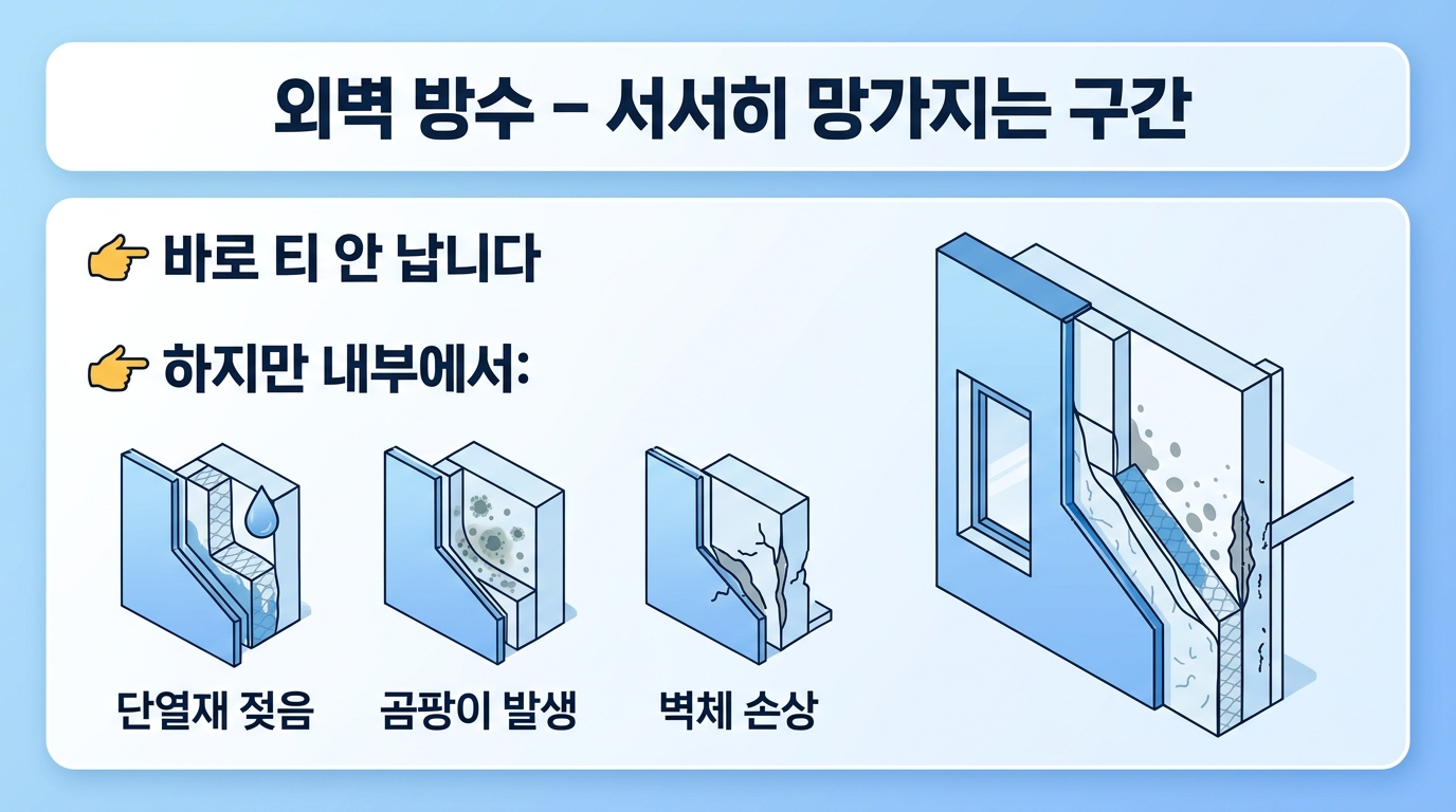 외벽방수는 서서히 망가지는 구간