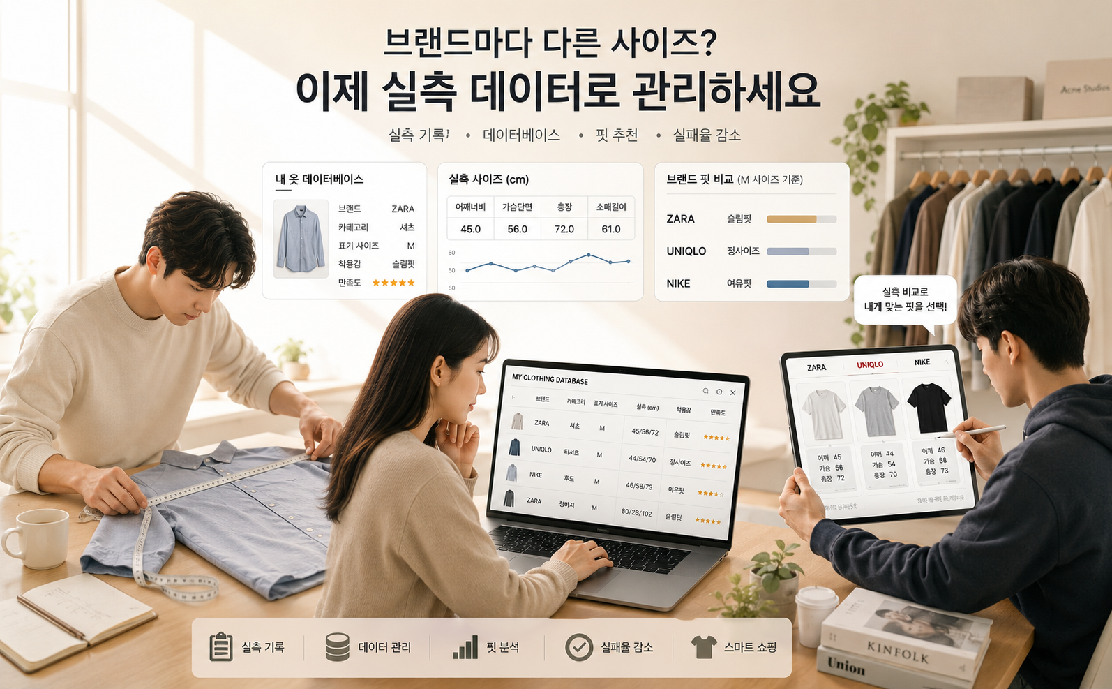 브랜드별 옷 사이즈 차이를 실측 데이터로 비교 관리하는 패션 데이터베이스 개념 이미지