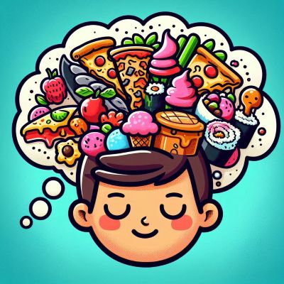 사람의 머리 속에 음식 이미지들이 가득 차 있는 모습