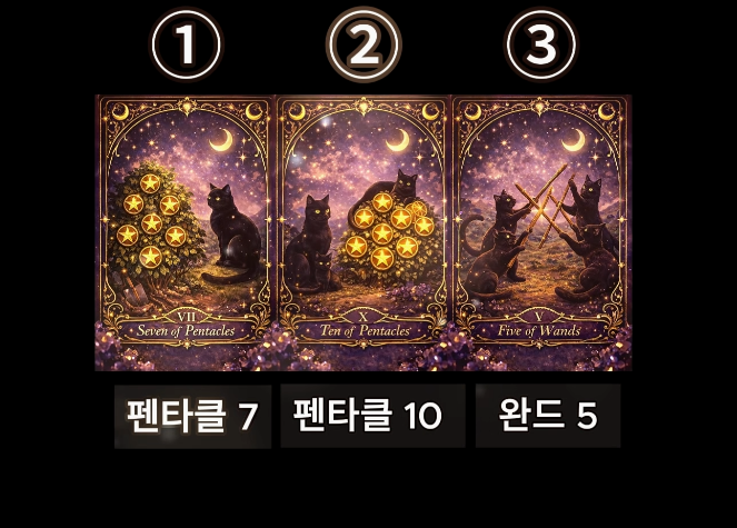 타로냥이 이번주 금전운 리딩 카드 선택 이미지 1번 펜타클 7 2번 펜타클 10 3번 완드 5 세장 카드 구성