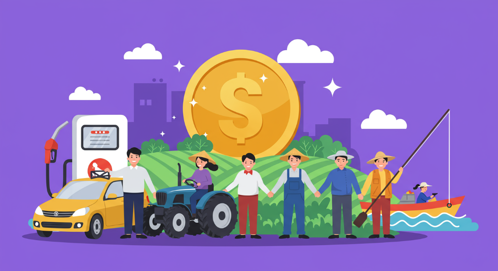 2025년 정부 유류비 지원 제도의 혜택을 받고 기뻐하는 경차 운전자, 농업인, 어업인들의 모습.