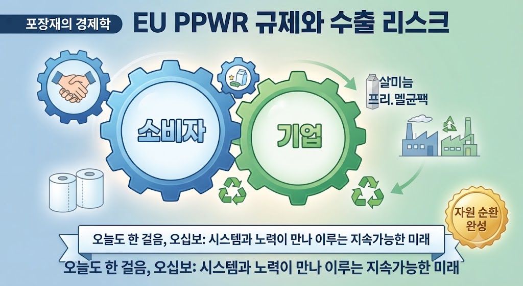 '오십보'의 핵심 메시지를 담았습니다. 소비자의 올바른 분리배출 노력(손 모양)과 기업의 기술 혁신/인프라 투자(공장 아이콘)가 톱니바퀴처럼 맞물려 돌아가는 모습을 일러스트로 그렸습니다. 이 두 축이 조화를 이룰 때 비로소 우유팩이 '완전한 자원 순환'이라는 결실을 맺는다는 희망적인 비전을 제시합니다.