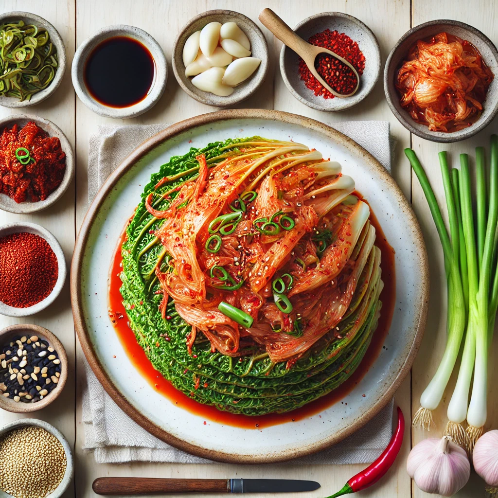 A top-down view of freshly made perilla leaf kimchi (깻잎김치) with red spicy seasoning, served on a white plate, surrounded by soy sauce, minced garlic, chopped green onions, red pepper flakes, sesame seeds, and sesame oil on a rustic wooden background.