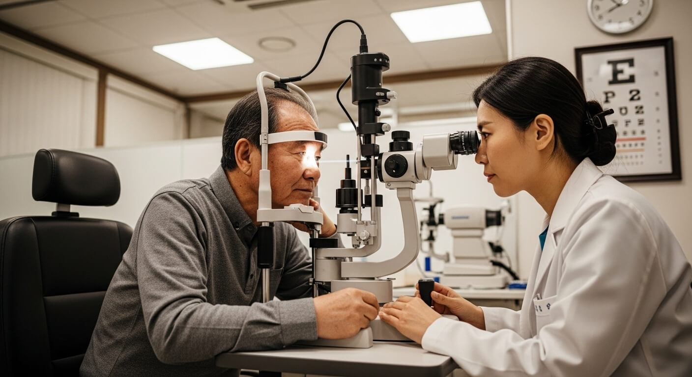 노인 남성이 안과에서 세극등 현미경으로 눈 검사를 받는 모습