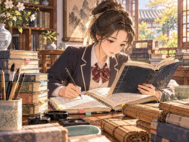 Anime-style illustration of a female student in a modern school uniform reading a classical book and taking notes at a desk, surrounded by books and study materials in a warm traditional-style study room.