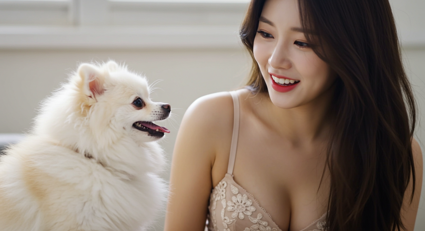 강아지와 노는 여성