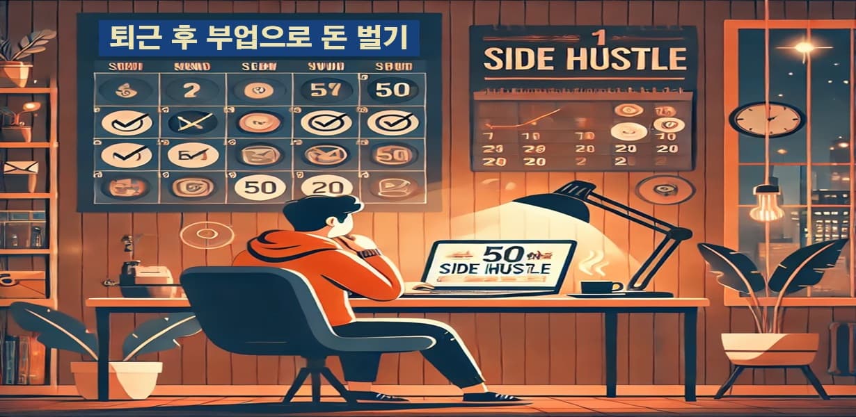 퇴근 후 부업을 준비하는 직장인의 모습과 1시간 부업 루틴을 상징하는 일러스트