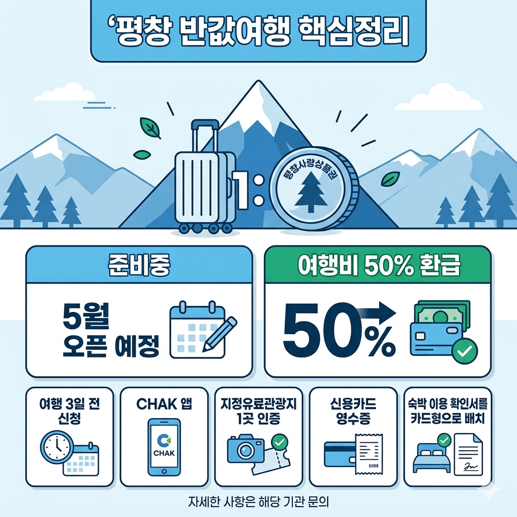 평창 반값여행 신청 , 5월 오픈 예정, CHAK 앱·신용카드 증빙 인포그래픽