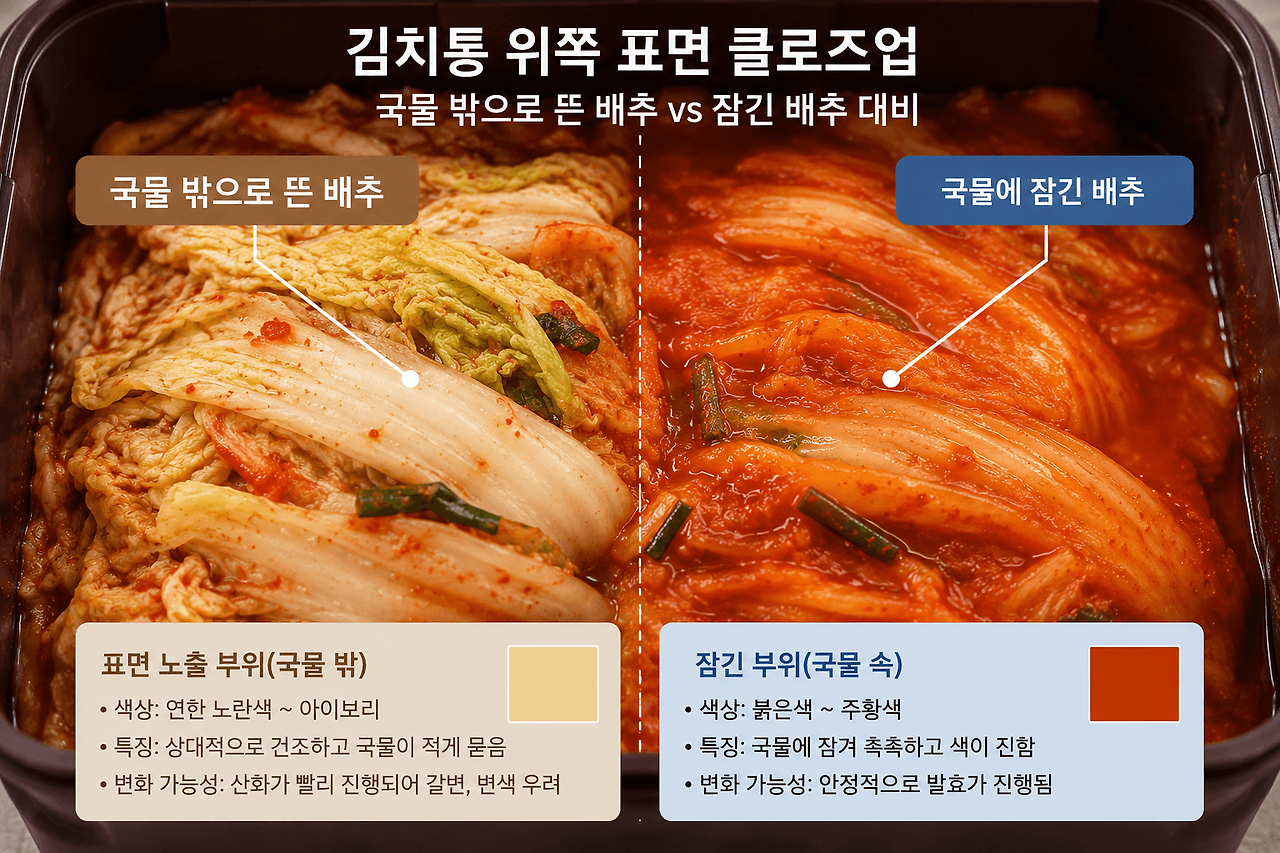 뚜껑만 닫은 김치통과 위생백을 덮은 김치통의 일주일뒤 표면 상태 비교