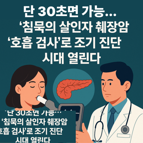 “췌장암 조기 진단을 주제로 한 뉴스 썸네일 이미지 — 중앙에는 환자가 호흡 검사 장비에 숨을 내쉬는 장면이 있고, 의료진이 모니터를 보며 데이터를 분석하는 모습. 상단에는 붉은색과 파란색 대비의 굵은 텍스트 ‘단 30초면 가능! 침묵의 살인자 조기 진단’ 문구가 선명하게 표시된 의료 건강 뉴스 스타일 디자인.”