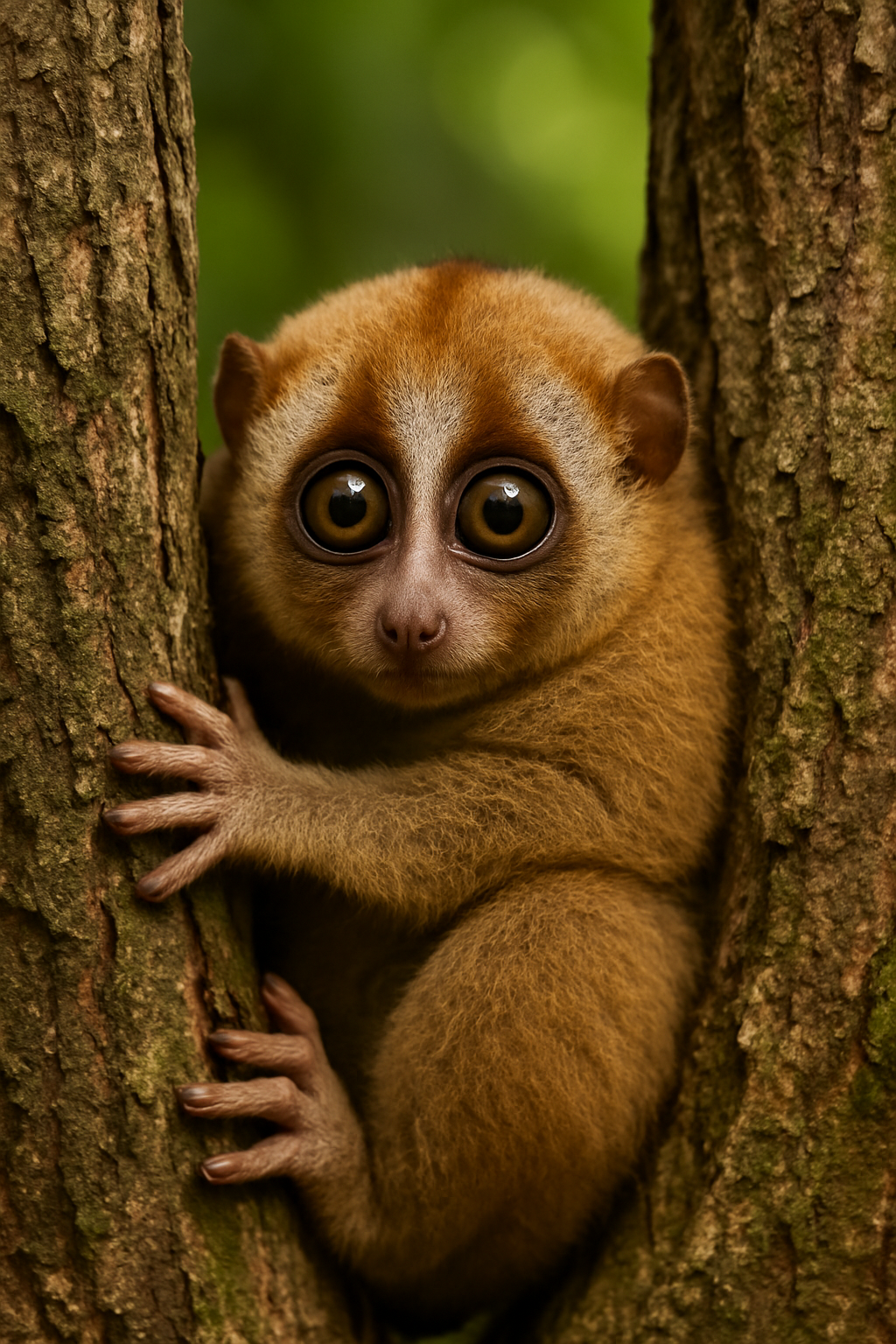 눈을 크게 뜨고 주위를 살피는 슬로로리스의 모습