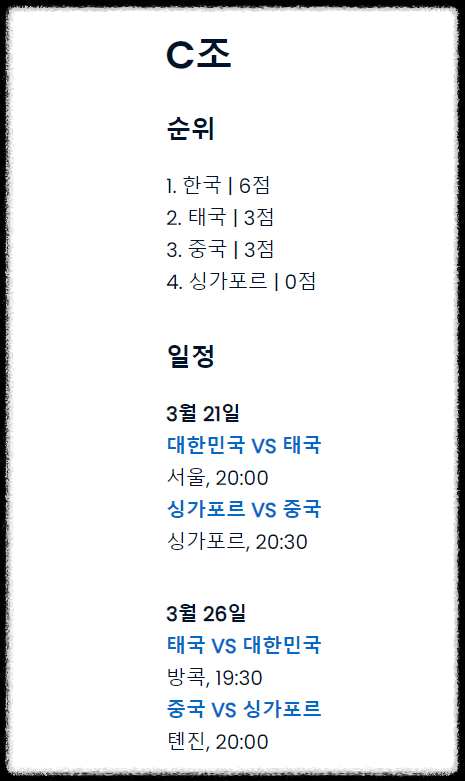 2026 월드컵 아시아 2차 예선 C조 현재 상황 및 일정