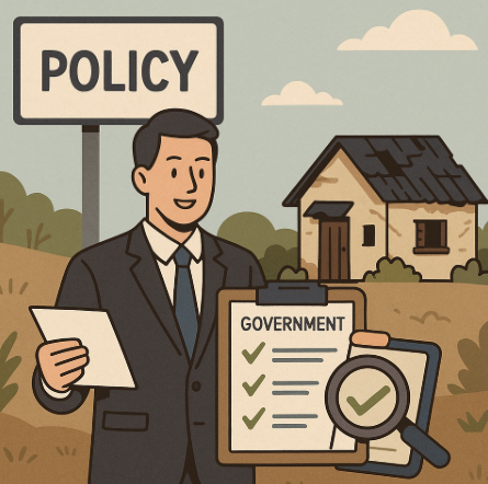 "정부의 농촌 빈집 대응을 표현한 일러스트, 양복 입은 관리자가 정책 문서를 들고 낡은 시골 집 앞에서 빈집 관리 정책을 설명하는 모습"