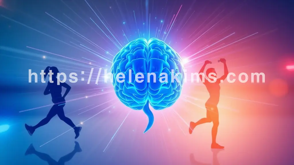 중앙에 밝고 활력 넘치는 푸른빛 에너지가 박동하며 흐르는 모습을 표현. 뇌 주변에는 조깅하는 사람, 요가 자세, 가벼운 아령을 드는 추상적인 실루엣들이 역동적인 모습.