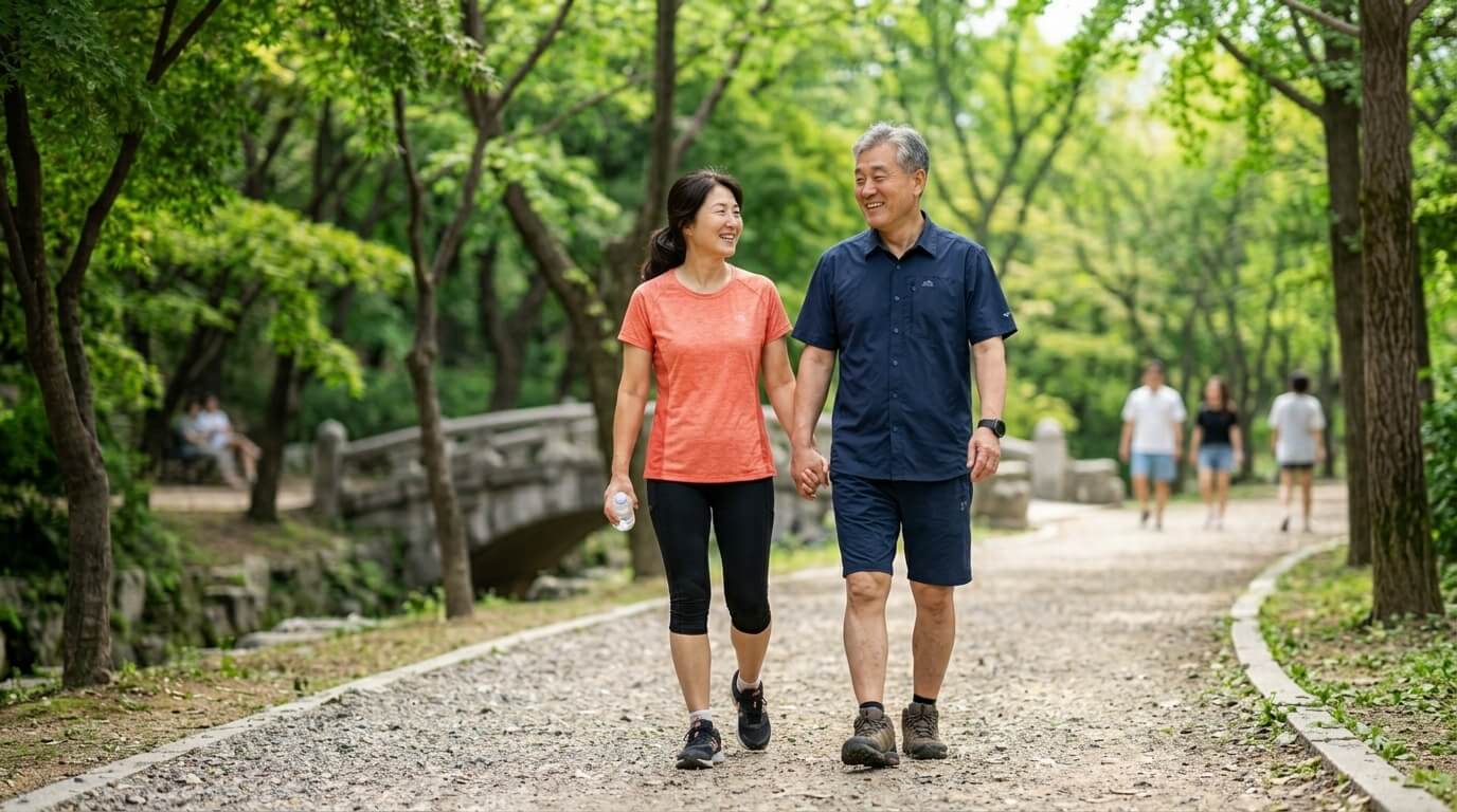 아침 햇살 아래 산책하며 건강 관리를 하는 중년 남녀