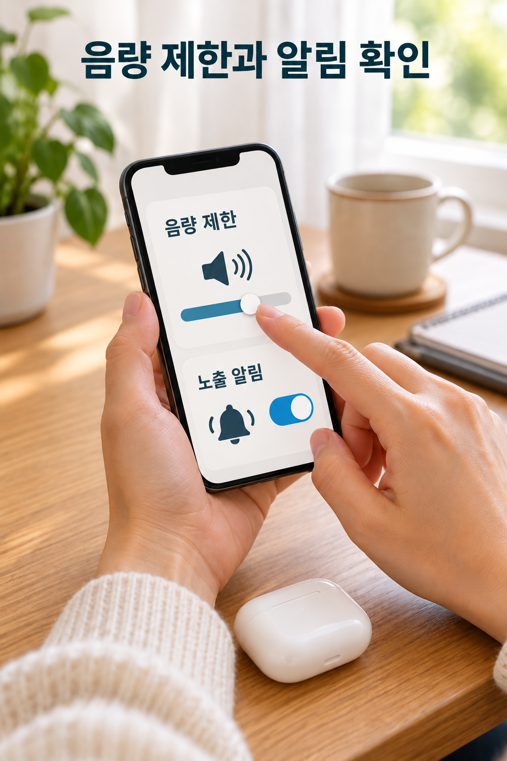 책상에서 스마트폰의 음량 제한 슬라이더와 노출 알림 토글을 확인하는 손