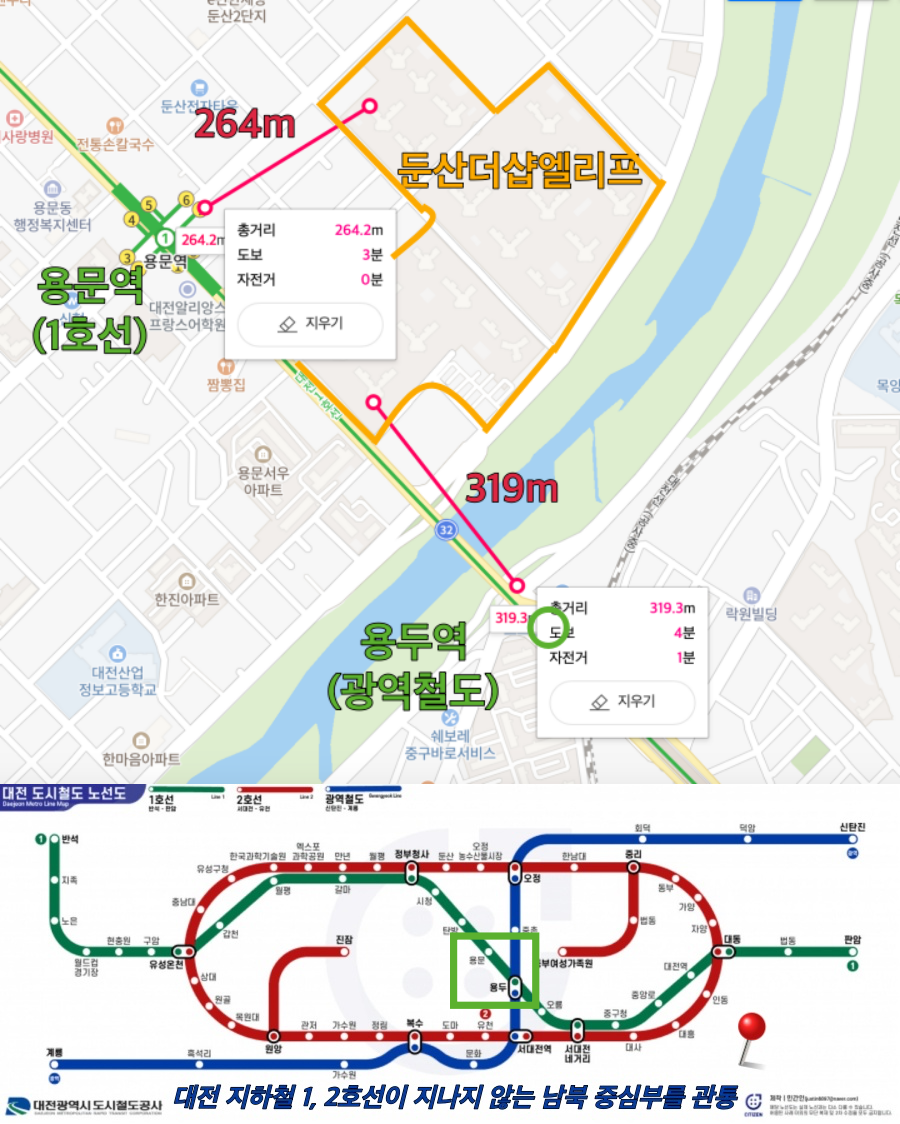 둔산더샵엘리프는 용문역 도보 7분, 용두역 도보 10분이면 접근이 가능하다.