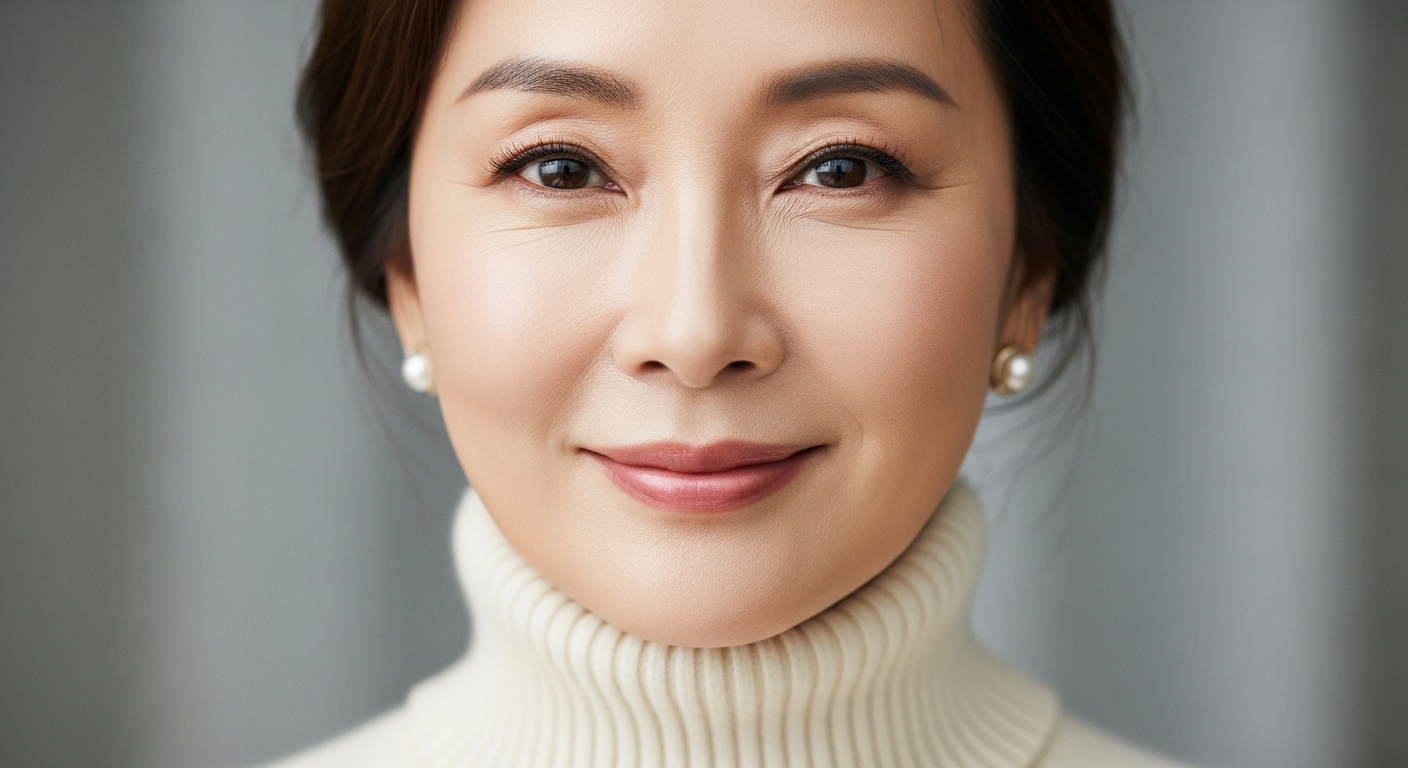 고급스러운 '클라우드 댄서'(크림색 오프화이트) 캐시미어 터틀넥을 입은 50대 한국 여성의 클로즈업 초상화. 밝은 옷 색상 덕분에 피부가 화사하게 빛남. 짙은 갈색 머리, 우아한 메이크업, 부드러운 미소. 배경은 부드럽게 흐림 처리. 콰이어트 럭셔리 분위기.