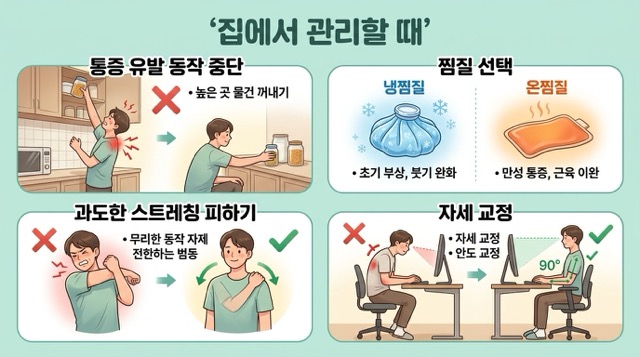 어깨통증 집에서 관리 냉찜질 온찜질 스트레칭 주의