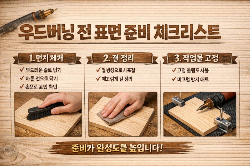우드버닝 전 표면 준비 실수 정리 - 먼지 제거&middot;결 정리&middot;고정 체크리스트