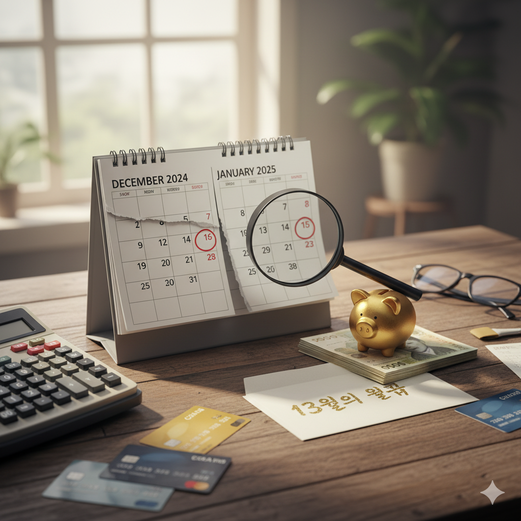 2025년 연말정산 13월의 월급 준비하는 이미지 (달력, 돈 봉투, 계산기)