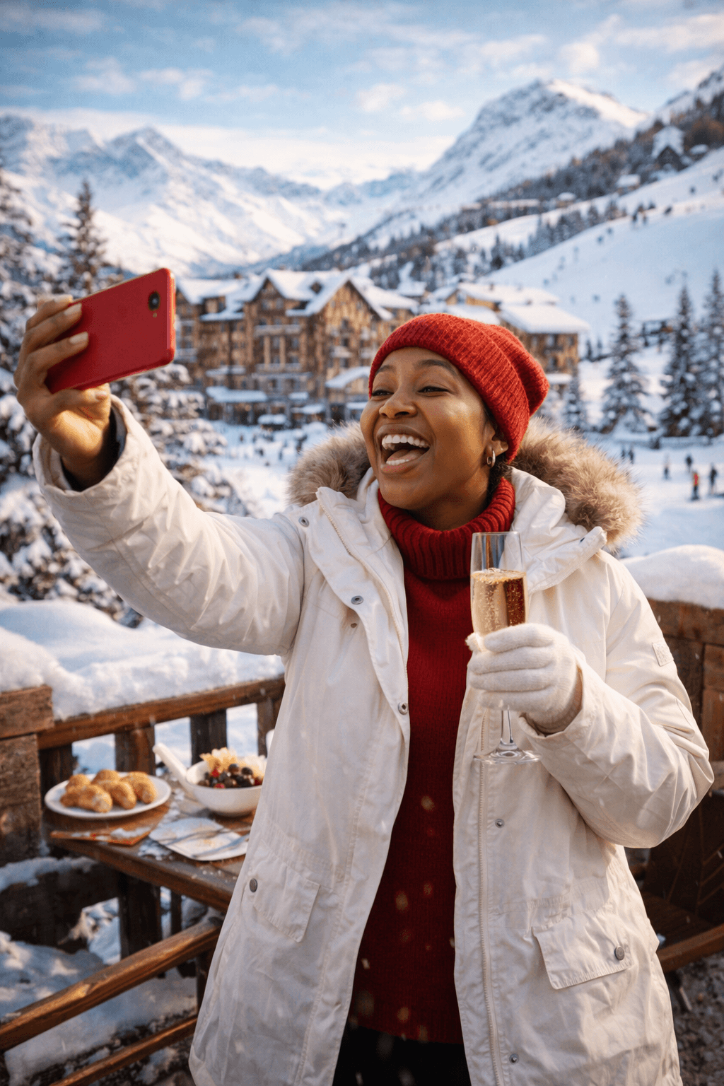 겨울 산속 리조트에서 여행을 즐기는 모습을 통해 삶의 소중함과 행복의 메시지를 표현한 이미지