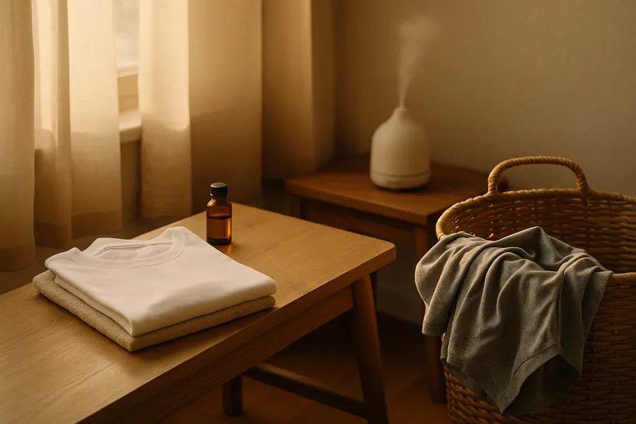 A cozy, sunlit corner with folded cotton t-shirts, a towel, an amber essential oil bottle on a wooden bench, and a steaming diffuser in the background next to a laundry basket containing a wrinkled synthetic shirt.