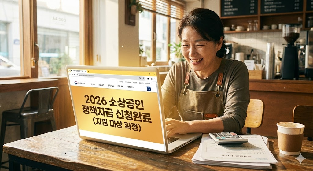 2026년 소상공인 정책자금 온라인 신청 성공 화면을 보며 안도하는 카페 사장님과 서류들