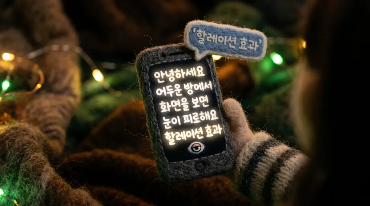 니들 펠트 양모 재질로 제작된 어두운 화면에서 글자가 번져 보이는 할레이션 현상의 시각적 표현
