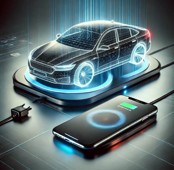 무선 충전중인 자동차와 스마트폰 이미지