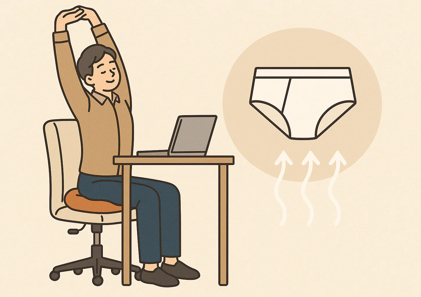의자에 오래 앉아 있는 직장인, 도넛형 방석 사용, 스트레칭하는 장면, 면 소재 속옷 아이콘, 통풍 강조