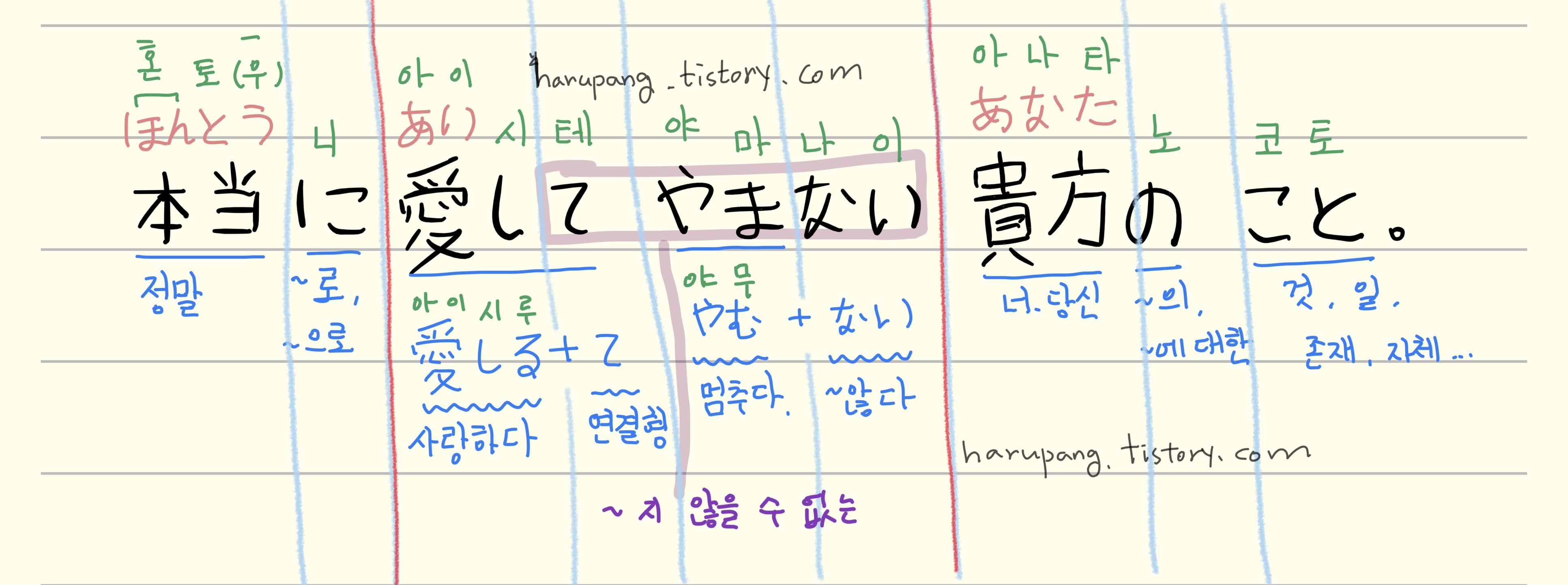 일본어 "本当に愛してやまない貴方のごと。혼토-니아이시테야마나이아나타노코토. " "정말로 사랑하지 않을 수 없는 너" 라는 일본어 문장을 색깔 별로 정리하여 이해 하기 쉽게 쓴 노트 필기 이미지 .