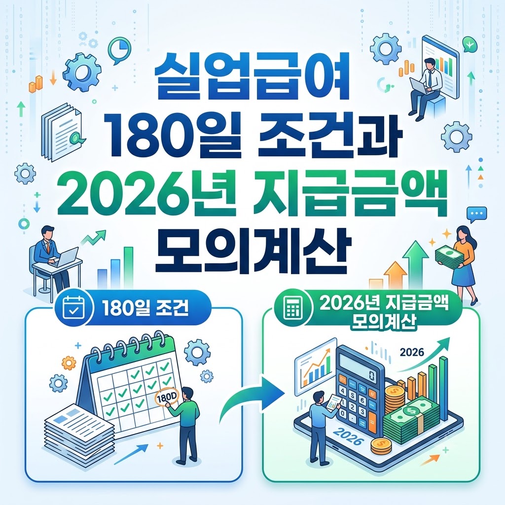 실업급여 180일 수급 조건과 2026년 예상 지급금액 모의계산 안내 인포그래픽