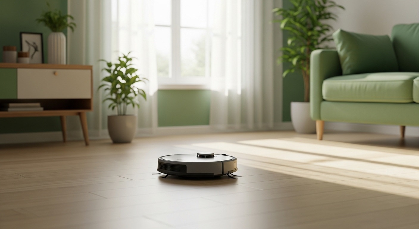 현대적인 거실 바닥을 청소하며 움직이는 로봇 청소기, 스마트홈의 편리함을 상징.