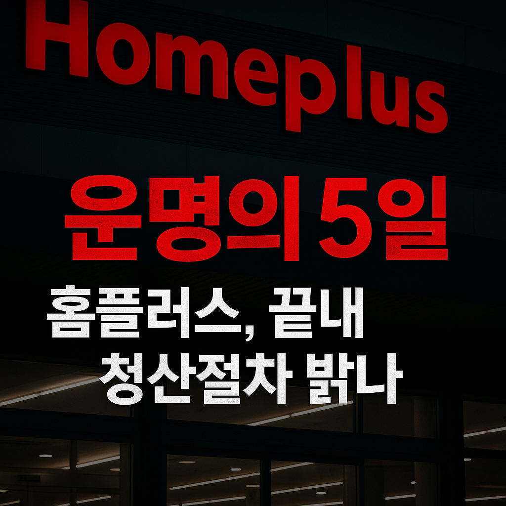“홈플러스 매장 외관을 배경으로 ‘운명의 5일, 홈플러스 청산 위기’ 문구가 들어간 경제 뉴스형 썸네일 이미지”